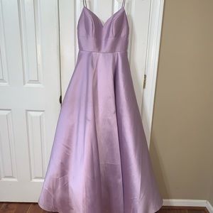 Lavender colored prom dress with pockets.